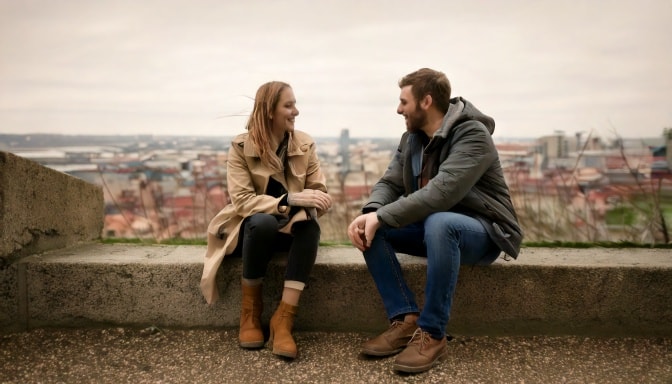 Eine Frau und ein Mann sitzen lachend auf einer Bank und unterhalten sich, im Hintergrund eine Stadt.